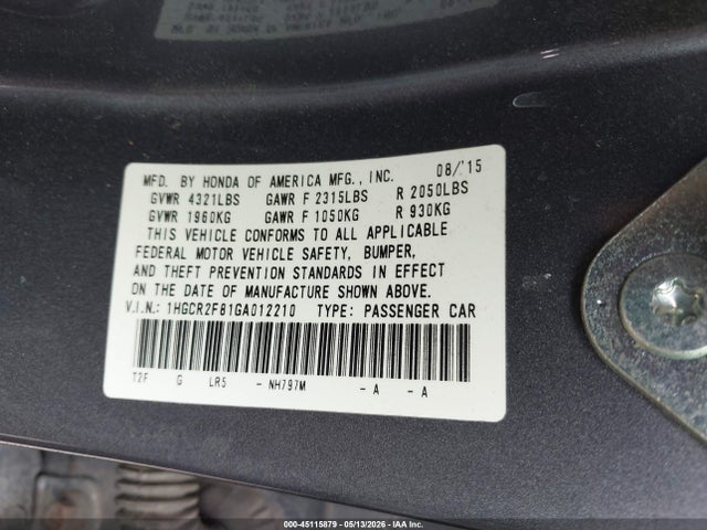 Aukcja sprzedaży 2016 Honda Accord Ex-l, vin: 1HGCR2F81GA012210, numer aukcji: 45115879
