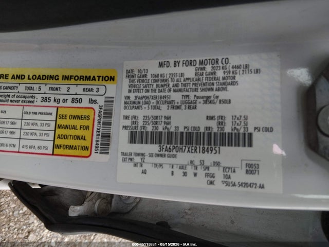 Продаж на аукціоні авто 2014 Ford Fusion Se, vin: 3FA6P0H7XER184951, номер лоту: 45115881