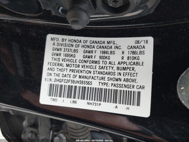 Honda Civic Lx 2018 2HGFC2F59JH593565 Image 9