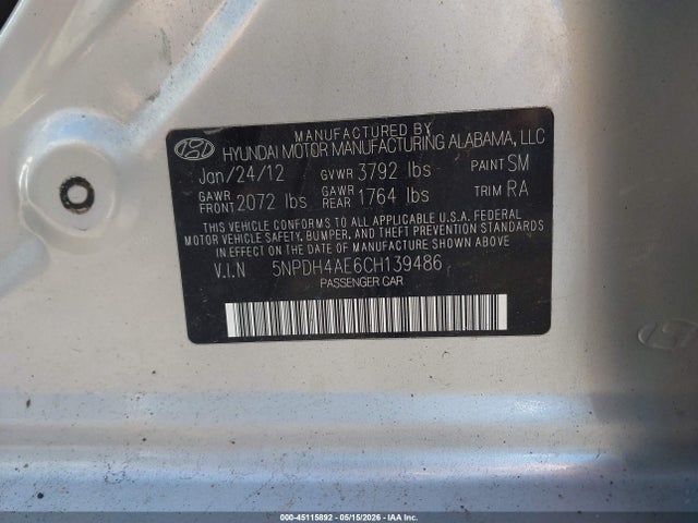 Продажа на аукционе авто 2012 Hyundai Elantra Gls, vin: 5NPDH4AE6CH139486, номер лота: 45115892