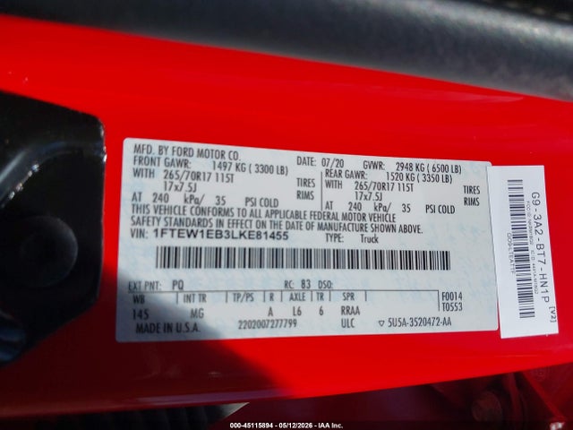 2020 Ford F-150 Xlt მანქანა იყიდება აუქციონზე, vin: 1FTEW1EB3LKE81455, აუქციონის ნომერი: 45115894