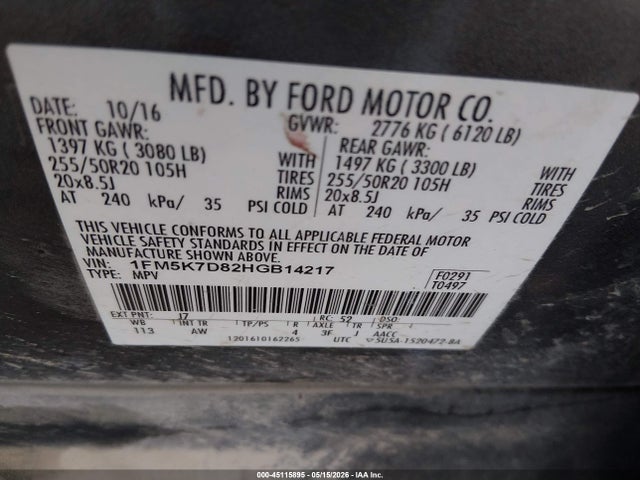Ford EXPLORER XLT 2017 1FM5K7D82HGB14217 Image 9