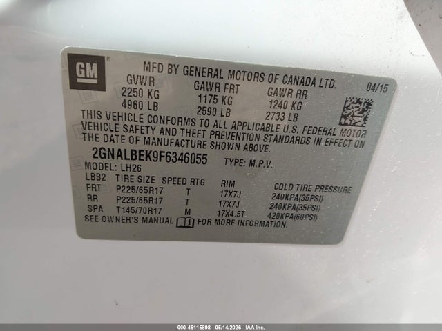 45115898 :رقم المزاد ، 2GNALBEK9F6346055 vin ، 2015 Chevrolet Equinox 1lt مزاد بيع