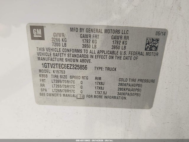 Aukcja sprzedaży 2014 Gmc Sierra 1500, vin: 1GTV2TEC6EZ325856, numer aukcji: 45115903
