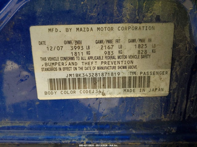 Aukcja sprzedaży 2008 Mazda Mazda3 S Sport, vin: JM1BK343281871819, numer aukcji: 45115920