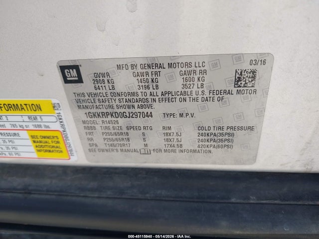 2016 Gmc Acadia Sle-2 მანქანა იყიდება აუქციონზე, vin: 1GKKRPKD0GJ297044, აუქციონის ნომერი: 45115940