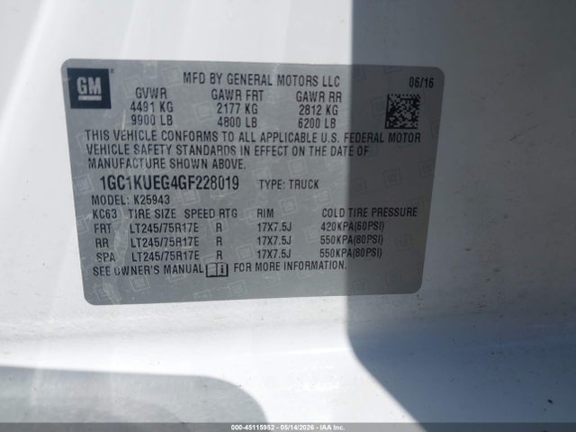 45115952 :رقم المزاد ، 1GC1KUEG4GF228019 vin ، 2016 Chevrolet Silverado 2500hd Wt مزاد بيع