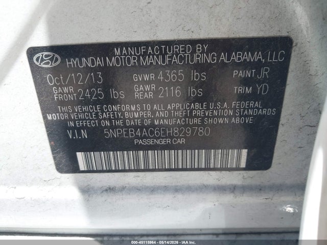 5NPEB4AC6EH829780 Hyundai SONATA GLS