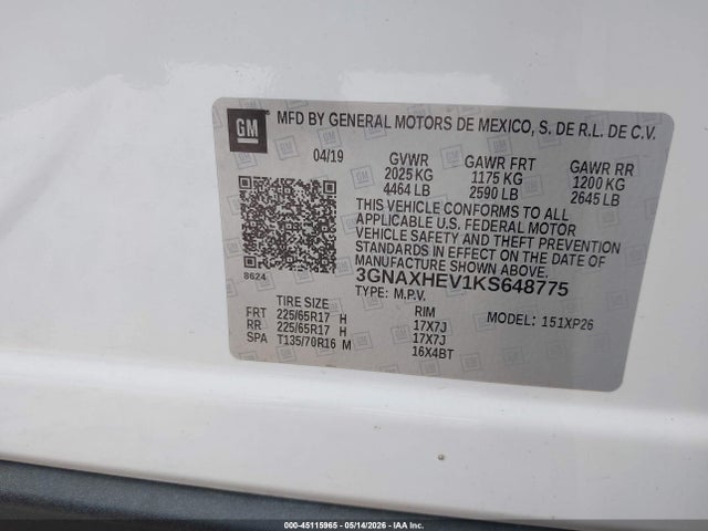 2019 Chevrolet Equinox Ls მანქანა იყიდება აუქციონზე, vin: 3GNAXHEV1KS648775, აუქციონის ნომერი: 45115965