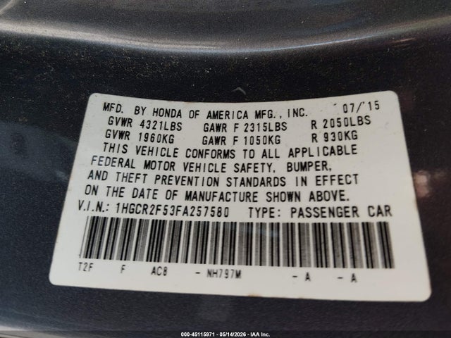 Aukcja sprzedaży 2015 Honda Accord Sport, vin: 1HGCR2F53FA257580, numer aukcji: 45115971