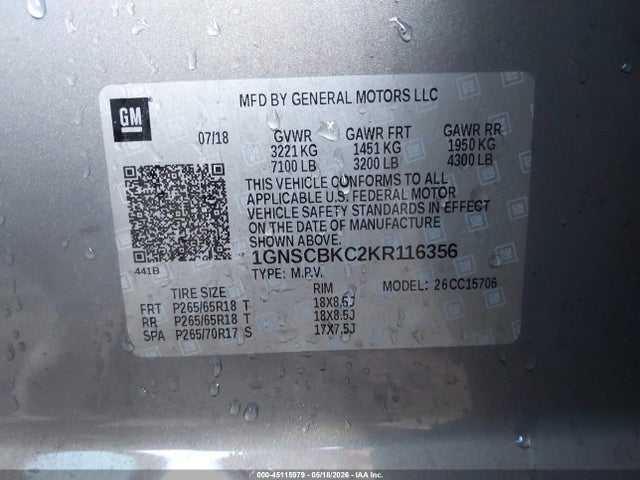 Продажа на аукционе авто 2019 Chevrolet Tahoe Lt, vin: 1GNSCBKC2KR116356, номер лота: 45115979
