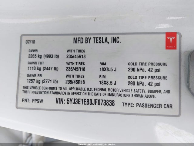 Продаж на аукціоні авто 2018 Tesla Model 3 Long Range/performance, vin: 5YJ3E1EB0JF073838, номер лоту: 45115997