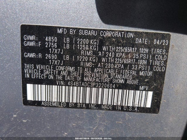 2023 Subaru Outback Premium მანქანა იყიდება აუქციონზე, vin: 4S4BTADC3P3220604, აუქციონის ნომერი: 45116019
