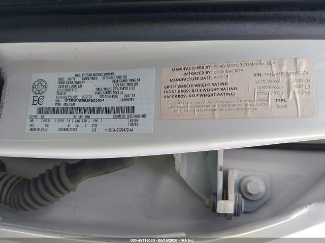 2018 Ford F-150 Lariat მანქანა იყიდება აუქციონზე, vin: 1FTEW1E56JFE05664, აუქციონის ნომერი: 45116030