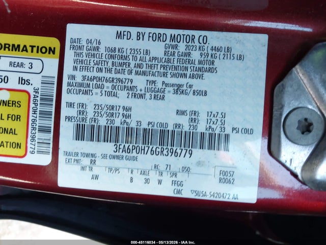 Aukcja sprzedaży 2016 Ford Fusion Se, vin: 3FA6P0H76GR396779, numer aukcji: 45116034