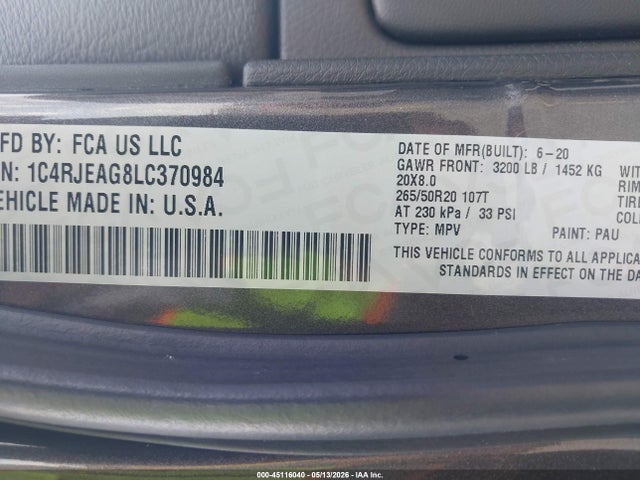 Aukcja sprzedaży 2020 Jeep Grand Cherokee Altitude 4x2, vin: 1C4RJEAG8LC370984, numer aukcji: 45116040