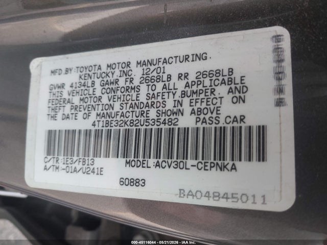 Продаж на аукціоні авто 2002 Toyota Camry Le, vin: 4T1BE32K82U535482, номер лоту: 45116044