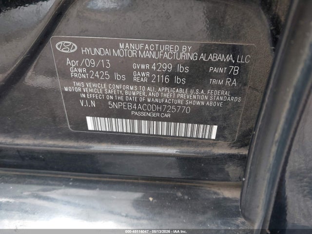 Aukcja sprzedaży 2013 Hyundai Sonata Gls, vin: 5NPEB4AC0DH725770, numer aukcji: 45116047
