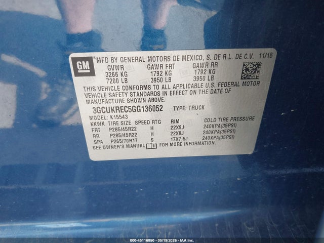 Продаж на аукціоні авто 2016 Chevrolet Silverado 1500 1lt, vin: 3GCUKREC5GG136052, номер лоту: 45116050