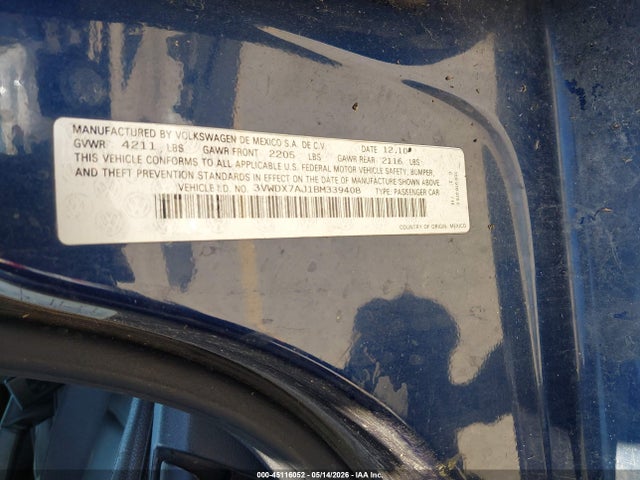 Продажа на аукционе авто 2011 Volkswagen Jetta 2.5l Se, vin: 3VWDX7AJ1BM339408, номер лота: 45116052