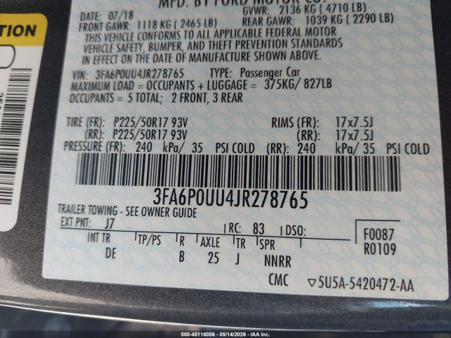 Aukcja sprzedaży 2018 Ford Fusion Hybrid S, vin: 3FA6P0UU4JR278765, numer aukcji: 45116056