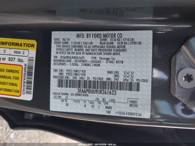 Продажа на аукционе авто 2018 Ford Fusion Hybrid S, vin: 3FA6P0UU9JR261623, номер лота: 45116057