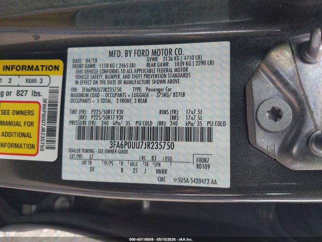 Aukcja sprzedaży 2018 Ford Fusion Hybrid S, vin: 3FA6P0UU7JR235750, numer aukcji: 45116059