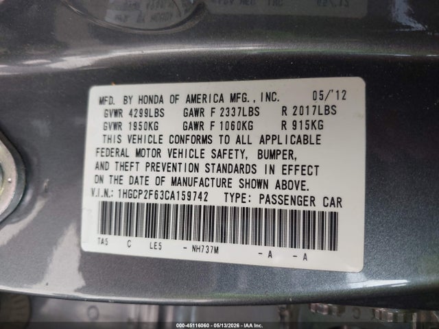 45116060 :رقم المزاد ، 1HGCP2F63CA159742 vin ، 2012 Honda Accord 2.4 Se مزاد بيع