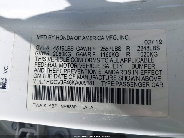 1HGCV3F46KA009181 Honda Accord Hybrid Ex