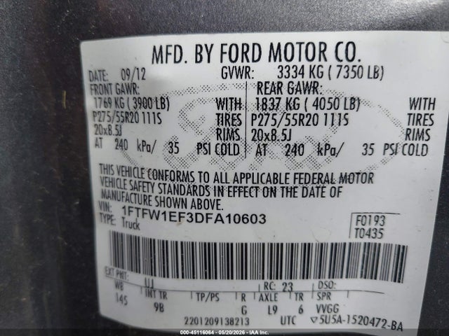 Aukcja sprzedaży 2013 Ford F-150 Platinum, vin: 1FTFW1EF3DFA10603, numer aukcji: 45116064