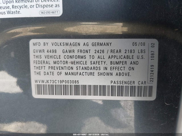 Продажа на аукционе авто 2009 Volkswagen Passat Komfort, vin: WVWJK73C19P003085, номер лота: 45116067