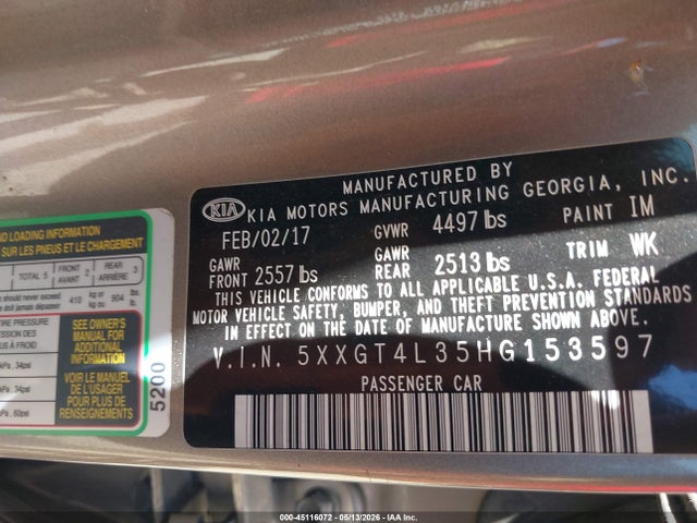 Продажа на аукционе авто 2017 Kia Optima Lx, vin: 5XXGT4L35HG153597, номер лота: 45116072