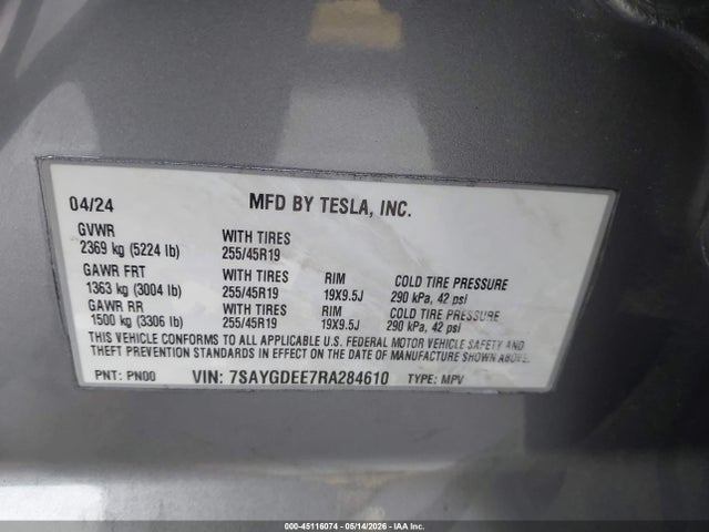 45116074 :رقم المزاد ، 7SAYGDEE7RA284610 vin ، 2024 Tesla Model Y Long Range Dual Motor All-wheel Drive مزاد بيع