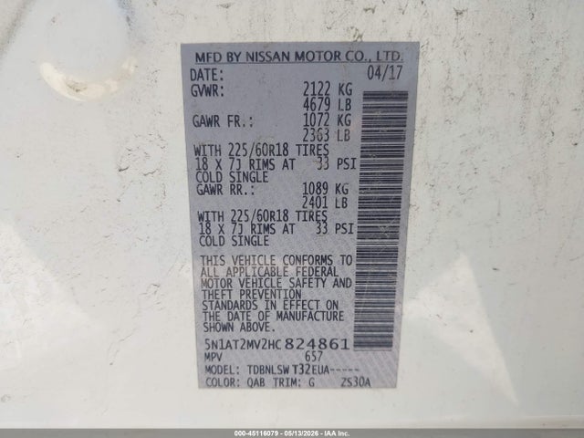 Aukcja sprzedaży 2017 Nissan Rogue Sl, vin: 5N1AT2MV2HC824861, numer aukcji: 45116079