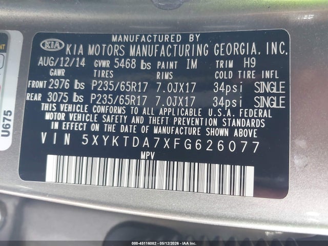 45116082 :رقم المزاد ، 5XYKTDA7XFG626077 vin ، 2015 Kia Sorento Lx V6 مزاد بيع