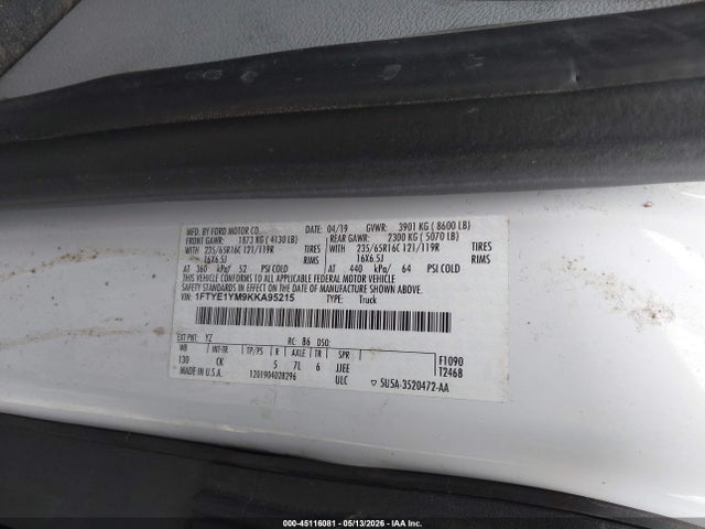 45116081 :رقم المزاد ، 1FTYE1YM9KKA95215 vin ، 2019 Ford Transit-150 مزاد بيع