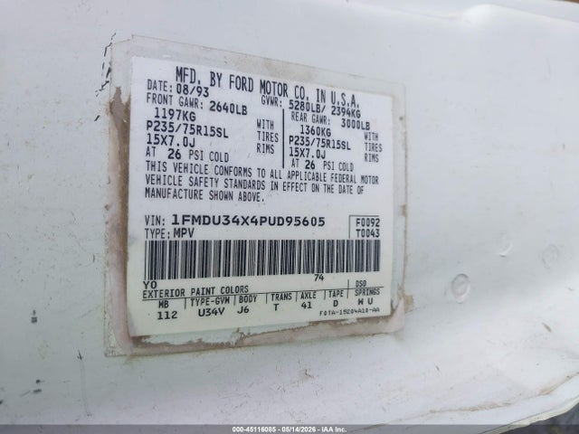 1993 Ford Explorer მანქანა იყიდება აუქციონზე, vin: 1FMDU34X4PUD95605, აუქციონის ნომერი: 45116085