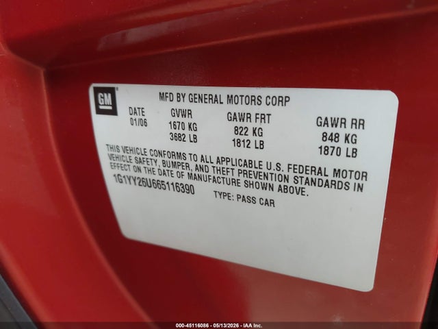 45116086 :رقم المزاد ، 1G1YY26U665116390 vin ، 2006 Chevrolet Corvette مزاد بيع