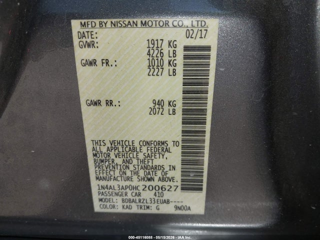 Aukcja sprzedaży 2017 Nissan Altima 2.5 Sl, vin: 1N4AL3AP0HC200627, numer aukcji: 45116088