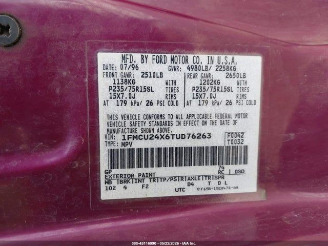 45116090 :رقم المزاد ، 1FMCU24X6TUD76263 vin ، 1996 Ford Explorer مزاد بيع