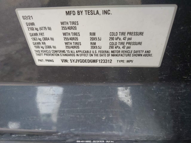 Auction sale of the 2021 Tesla Model Y Standard Range Rear-wheel Drive, vin: 5YJYGDED6MF123312, lot number: 45116092