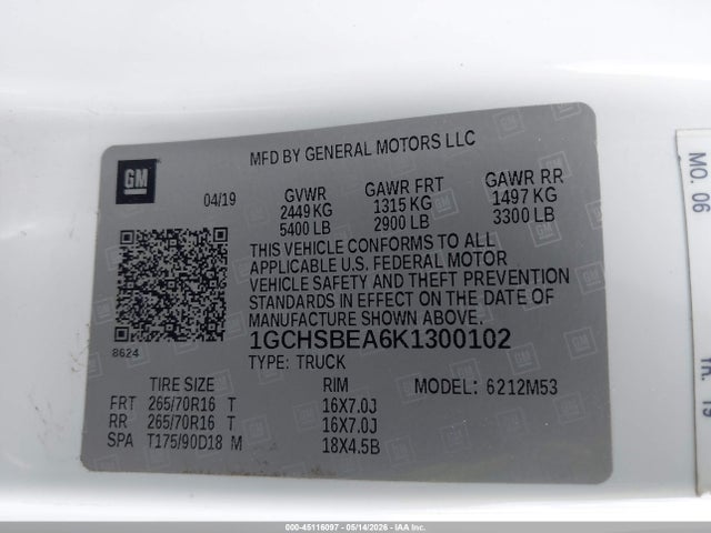 1GCHSBEA6K1300102 Chevrolet Colorado Wt