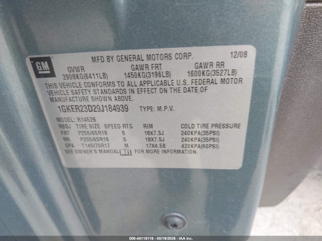 45116116 :رقم المزاد ، 1GKER23D29J184939 vin ، 2009 Gmc Acadia Slt-1 مزاد بيع