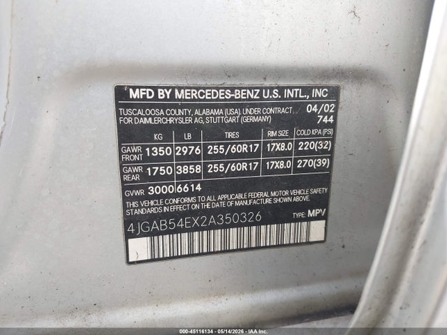 Aukcja sprzedaży 2002 Mercedes-benz Ml 320, vin: 4JGAB54EX2A350326, numer aukcji: 45116134