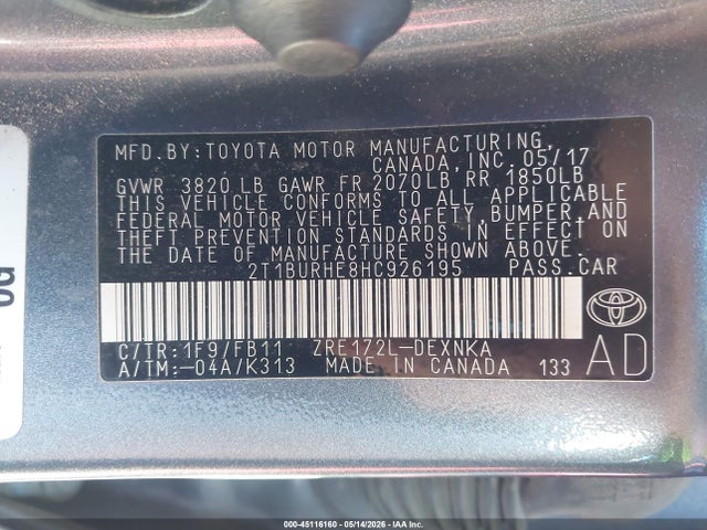 Продажа на аукционе авто 2017 Toyota Corolla Le, vin: 2T1BURHE8HC926195, номер лота: 45116160