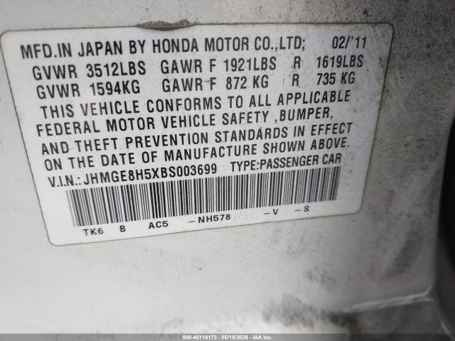 2011 Honda Fit Sport მანქანა იყიდება აუქციონზე, vin: JHMGE8H5XBS003699, აუქციონის ნომერი: 45116173
