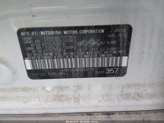 45116175 :رقم المزاد ، JA4AP3AU8KU000210 vin ، 2019 Mitsubishi Outlander Sport 2.0 Es مزاد بيع