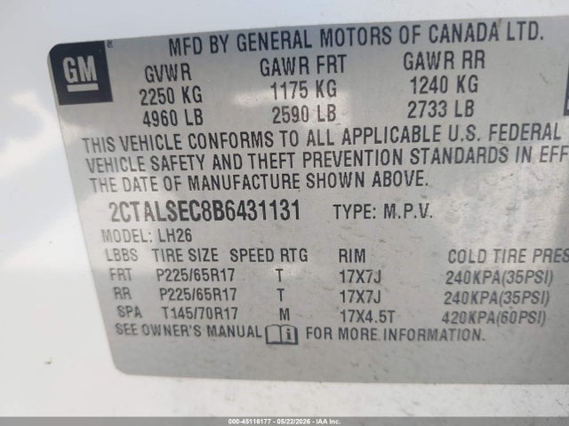Aukcja sprzedaży 2011 Gmc Terrain Sle-2, vin: 2CTALSEC8B6431131, numer aukcji: 45116177