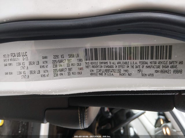 45116188 :رقم المزاد ، 1C4PJLAB9FW761192 vin ، 2015 Jeep Cherokee Sport مزاد بيع