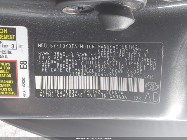 Aukcja sprzedaży 2011 Toyota Corolla Le, vin: 2T1BU4EE5BC657670, numer aukcji: 45116192